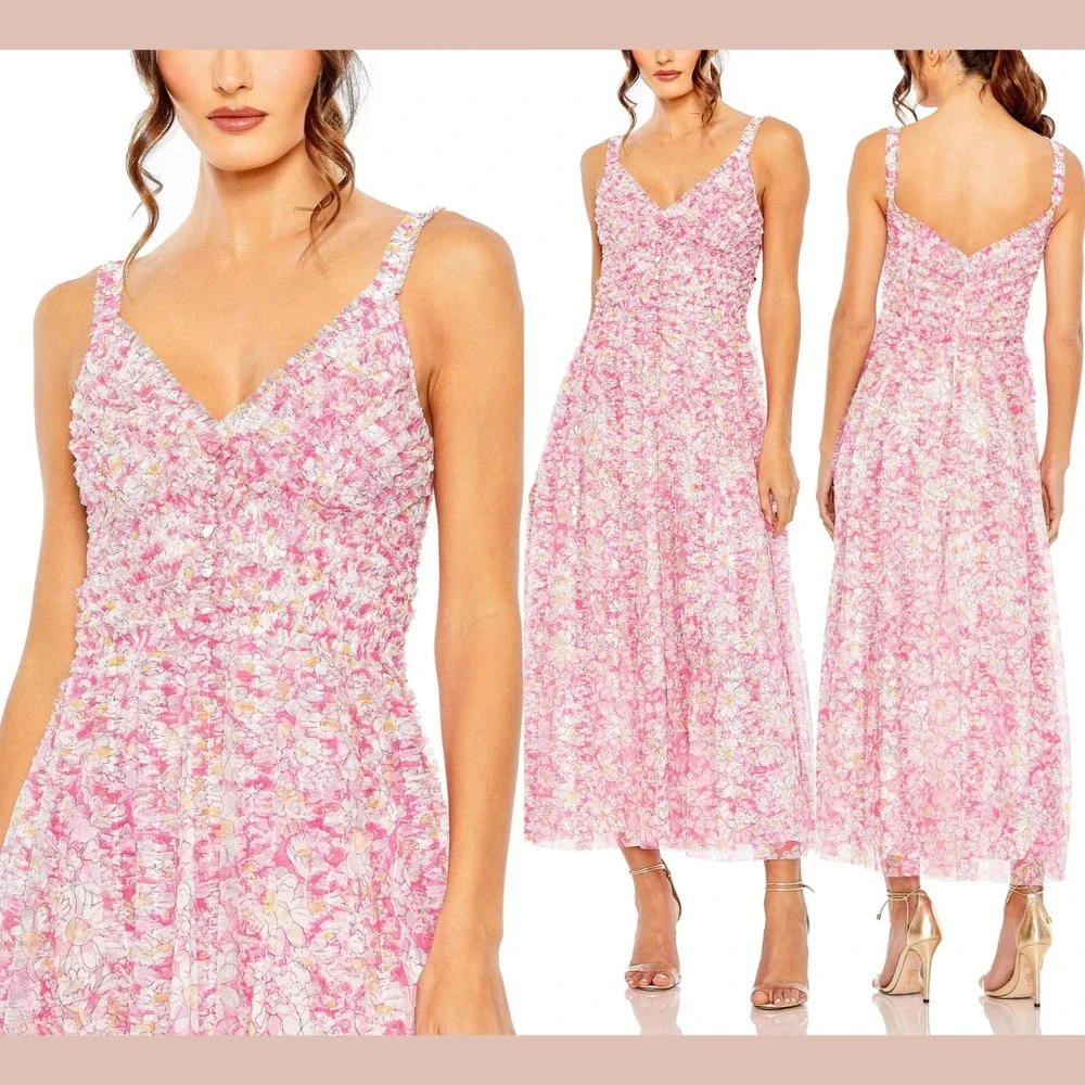 NWT Mac Duggal [ 12 ] 8012 Floral V-Neck Floral A line Midi Dress In Pink #S1938 - Picture 2 of 16